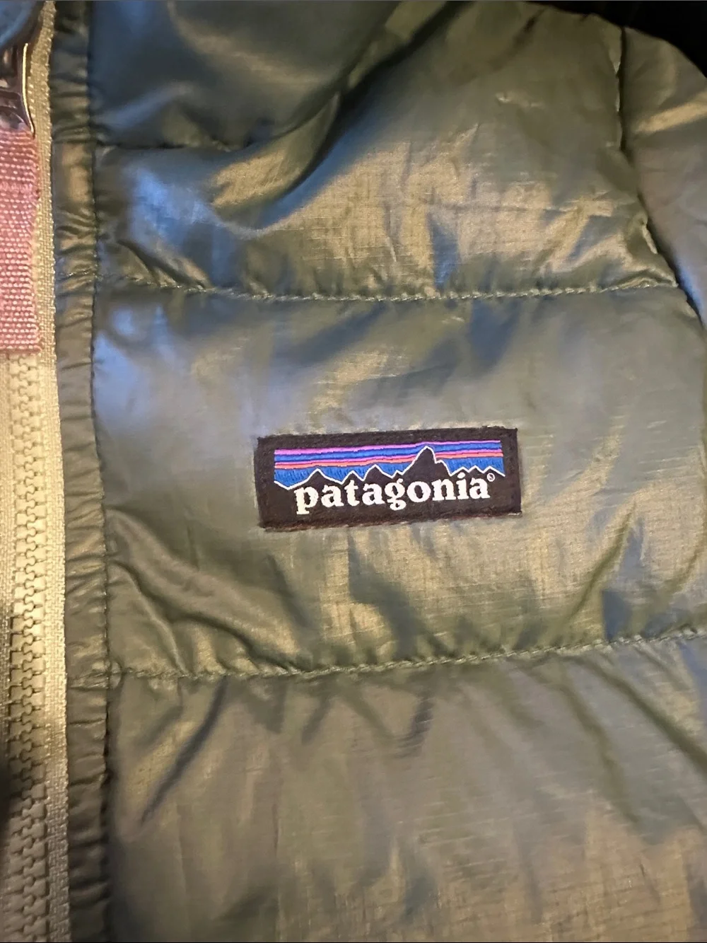 Patagonia Kids Hooded Puffer Jacket - Sage Green with Light Pink Accents
